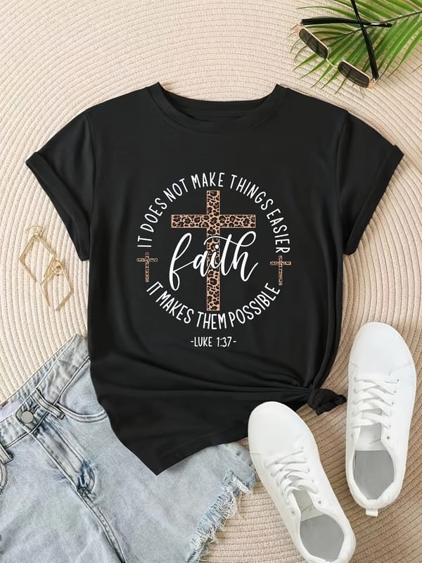 Cross & Faith Letter Print T-shirt - Women's Casual Short Sleeve Top for Spring & Summer