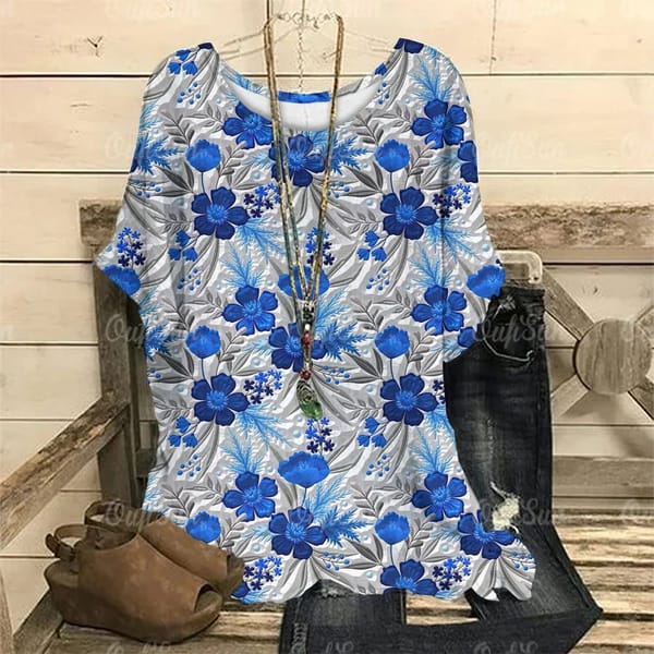 Spring women's T-shirt oversized top Flower picture O neckline women's summer short-sleeved T-shirt Harajuku women's jumper