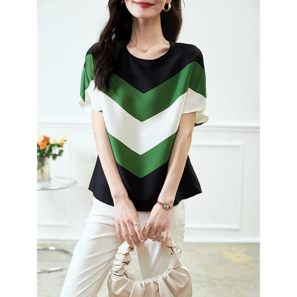 Summer Women's Pullover Round Neck Bat Short Sleeved Patchwork Geometric Shape Loose Beach Office Lady Fashion Casual Tops