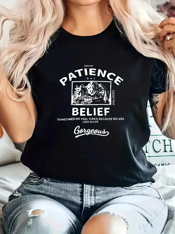 Patience Belief Letter Printed Short Sleeved Casual Women's Fashion Women's Pattern T-shirt Women's Printed Summer T-shirt