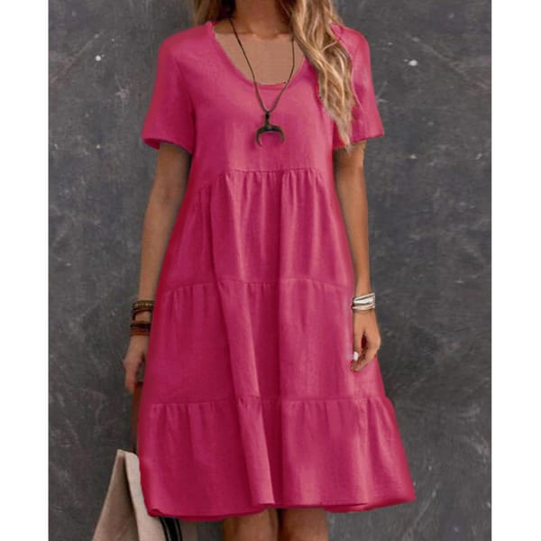 Women's Loose High Waisted Knee Length Dress 2024 Summer New Lady Fresh Sweet Round Neck Solid Color Large Swing Casual Dress