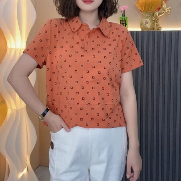Summer Women's 2024 New Pullover Turndown Collar Patchwork Button Print Fashion Loose Versatile Casual Short Sleeved Tops