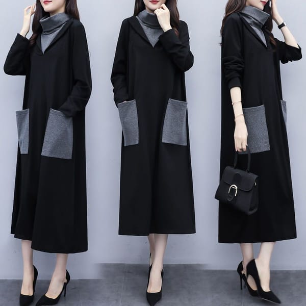 Winter Women's Temperament Splicing Fake Two-piece Scarf Collar Long Sleeved Real Pocket Long Dress Casual Loose Fitting Dress