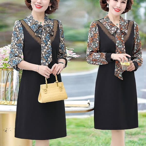Spring New Women's Fashion V-neck Bow Patchwork Floral Long Sleeved Dress Autumn Loose and Comfortable Commuting Dress