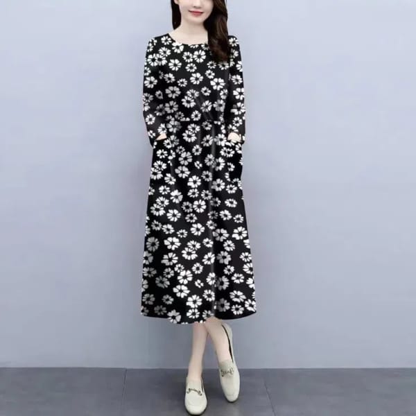 Women's 2024 Spring and Autumn New Spliced O-Neck Printed Button Fashion Loose Minimalist Casual Versatile Long Sleeve Dresses