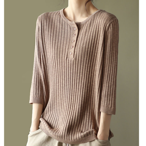 2023 Autumn and Winter New Casual Versatile Commuter Women's clothing Splice Button Round Neck 3/4 Sleeve Solid Color Pullover