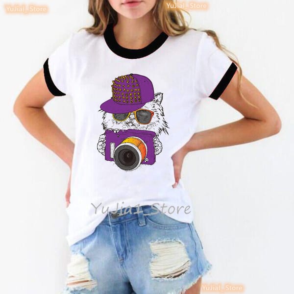 Cat Love Camera Print T Shirt Women'S Clothing Summer Fashion Tops Tee Shirt Femme Harajuku Shirt Funny T-Shirt Female