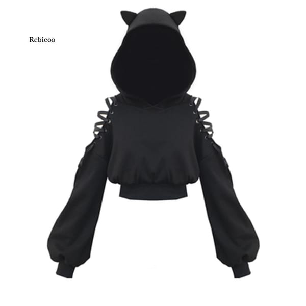 Gothic Women Sweatshirt Women's Long Sleeve Fleece Sweatshirt Warm Cat Ears Short Style Hoodie Pullover Womens Sweatshirts