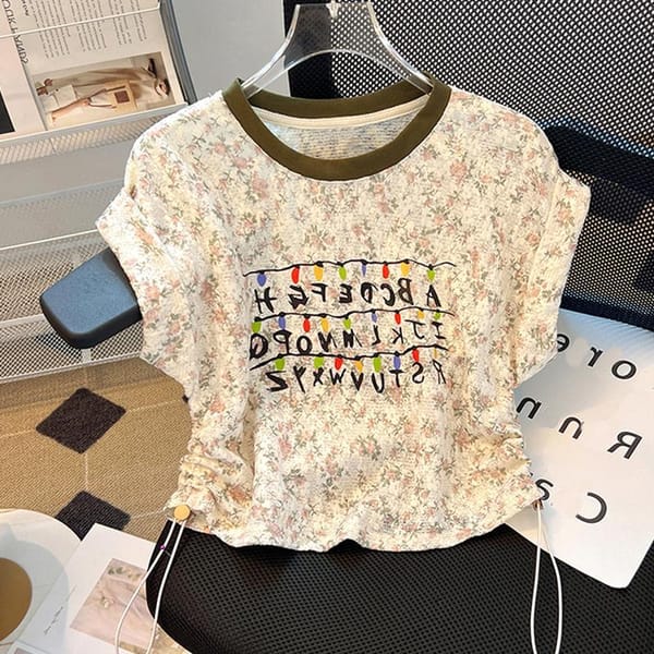 Drawstring T-shirt women's summer 2024 new hollow letter printed shoulder lace shirt plus size covered meat Joker top