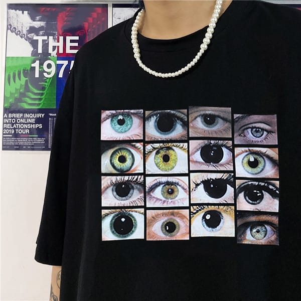 Women's T-Shirt Eyes Print Crop Top Y2K Aesthetic T-Shirt Vintage Streetwear Short Sleeve Gothic Black O-Neck Harajuku Slim Tops