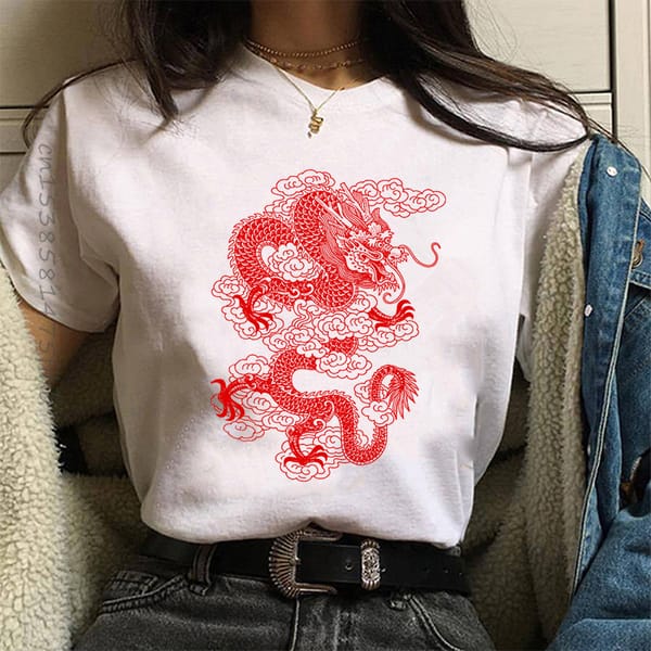 Premium Women's T-Shirt Hip Hop Streetwear Tops Women Ulzzang Harajuku Kawaii Chinese Dragon Print T Shirt Summer Graphic Tees