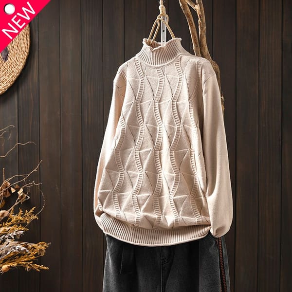 Autumn and Winter New Simplicity Commuter Women's Clothing Hollow Out Half High Neck Long Sleeve Solid Color Versatile Pullover