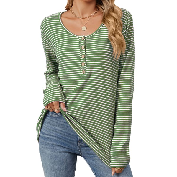 Autumn and Winter Crew Neck Striped, Button Decoration, Loose Long-sleeved T-shirt Top, Casual Women's Clothing