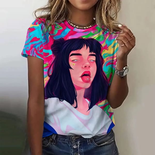 2024 New women's T-shirt Cartoon character print T-shirt Harajuku Summer vintage short sleeve T-shirt O collar plus size
