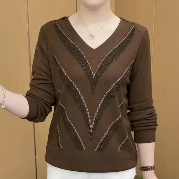 2023 Spring  Fashion Exquisite Hot Rolled Diamond V-Neck Elegant Loose Casual Versatile Women's Long Sleeve T-shirt