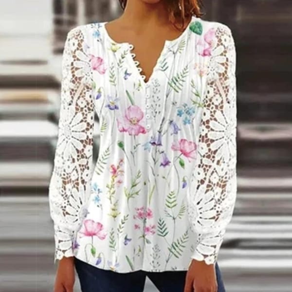 2023 Spring New Fashion Lace V-Neck Long Sleeve Sweet Fresh Printing Basic Casual Popularity Wild Comfortable Women's T-shirt