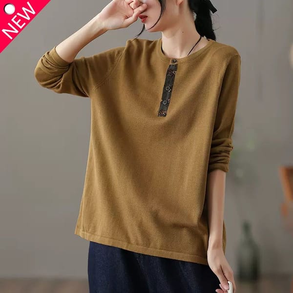 2023 Autumn and Winter Versatile Commuter Women's Clothing Spliced Button Solid Color Round Neck Long Sleeve Casual Pullover