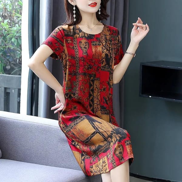 Women's Summer New Fashion Print Round Neck Casual Mid Length Short Sleeve Dress Vintage Trend Simple Commuter Loose Dress