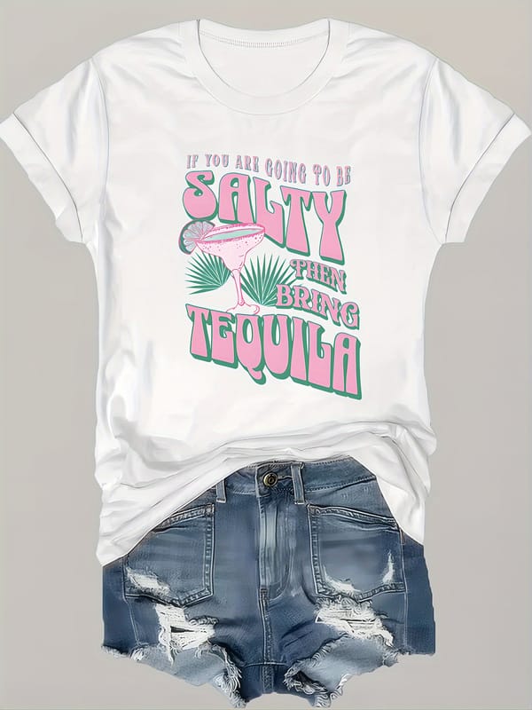 Cocktail Print Crew Neck T-Shirt, Casual Short Sleeve T-Shirt For Spring & Summer, Women's Clothing