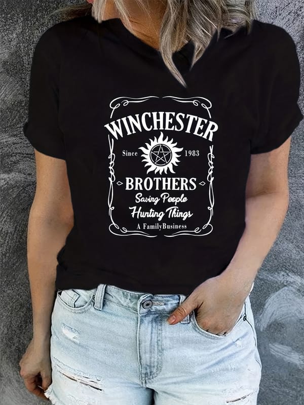 Letter Print Graphic T-Shirt, Short Sleeve Crew Neck Casual Top For Spring & Summer, Women's Clothing
