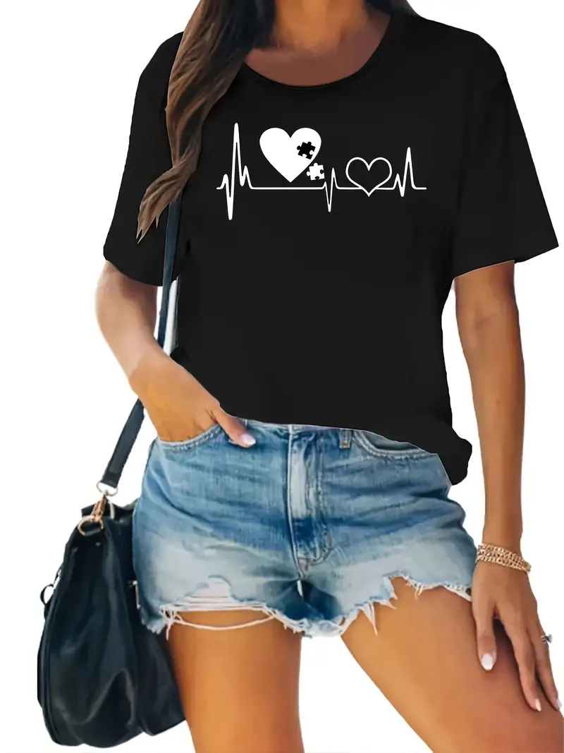 Heartbeat Line Love Printed Short Sleeved Casual Women's Fashion Women's Pattern T-shirt Women's Printed Summer T-shirt