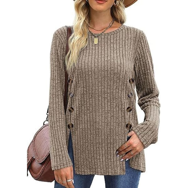 Women's Clothing Commuter Versatile 2023 Autumn and Winter New Splice Button Round Neck Long Sleeve Solid Color Casual Pullover