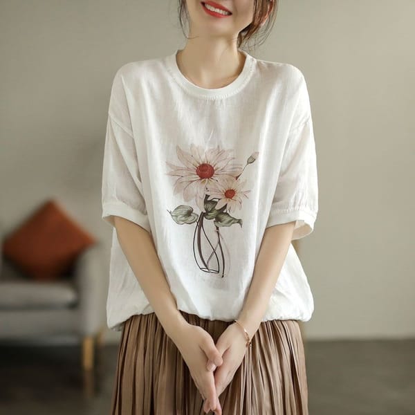 Women's 2024 Summer New Retro Cotton and Hemp Printed Loose Pullover O-Neck Spliced Fashion Minimalist Casual Short Sleeved Top