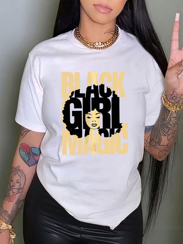 Girl Print T-shirt, Short Sleeve Crew Neck Casual Top For Summer & Spring, Women's Clothing