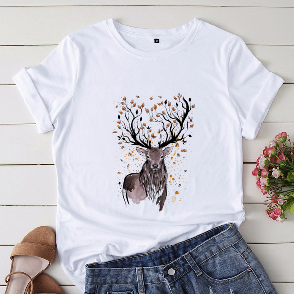 Leisure Fashion Clothing Printing Vintage T-Shirt Women's Short Sleeve T-Shirt Women's Leisure Cartoon Deer Pattern O-Neck T-Shi