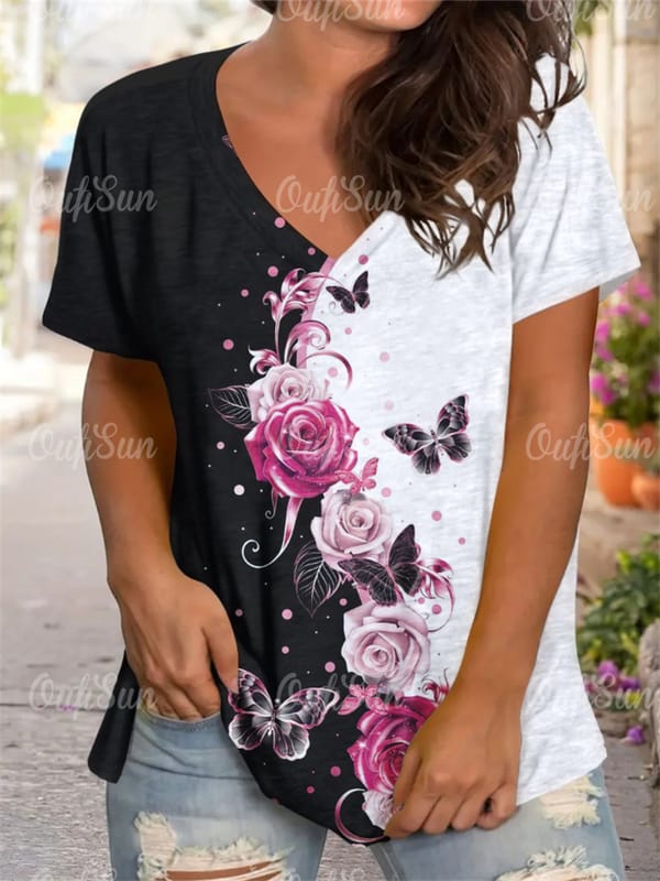 New Women T-shirt Floral Print Plus Size Tee Summer Women's Clothing Oversized Designer Short Sleeve Shirt Women V-Neck Top