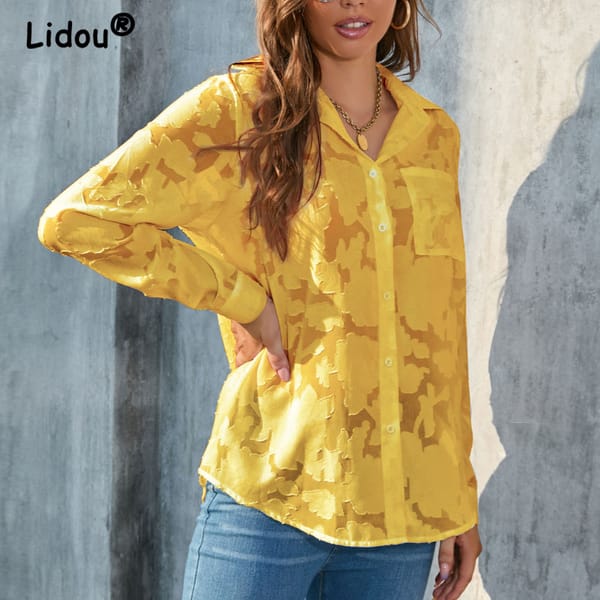 2023 Spring and Autumn Women's New Fashion Commuter Loose Relaxed Chiffon Polo Long Sleeve Solid Color Comfortable Versatile Top