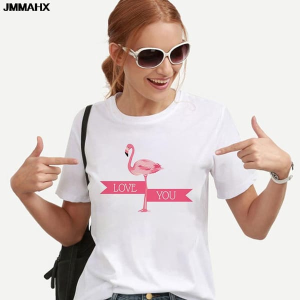 Flamingo Printing Women's T-shirts Gothic Casual Womens Tops T Shirt Harajuku Female Clothes For Woman Short Sleeve White Tshirt