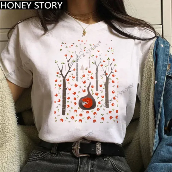 Funny Mountain Women Tshirt  Fashion Scenic Mountain Fox Print Women's Loose T-shirt Oversized T Shirt  Harajuku