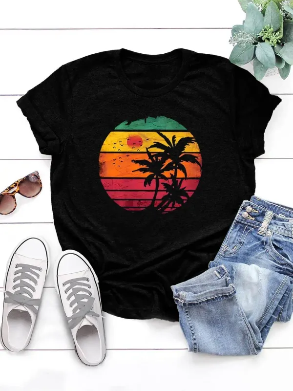 Tropical Vacay Soft Crewneck T-Shirt Shirts for Women Women's Summer Sunset Beach Graphic Tees
