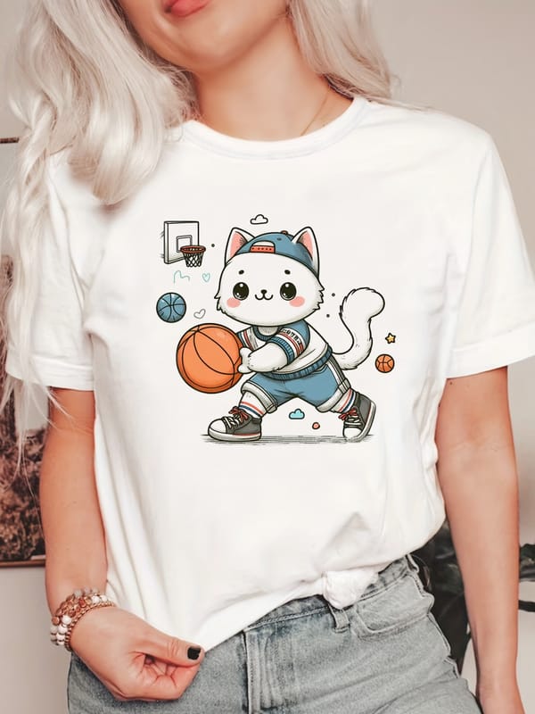 Cartoon Cat Print T-shirt, Short Sleeve Crew Neck Casual Top For Summer & Spring, Women's Clothing