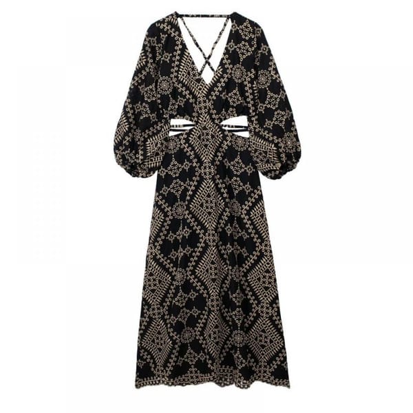 Women's Backless Embroidered Hollow Out Dress Fashion V Neck Short Sleeve Patchwork Long Dress Lady Casual Street Vestidos