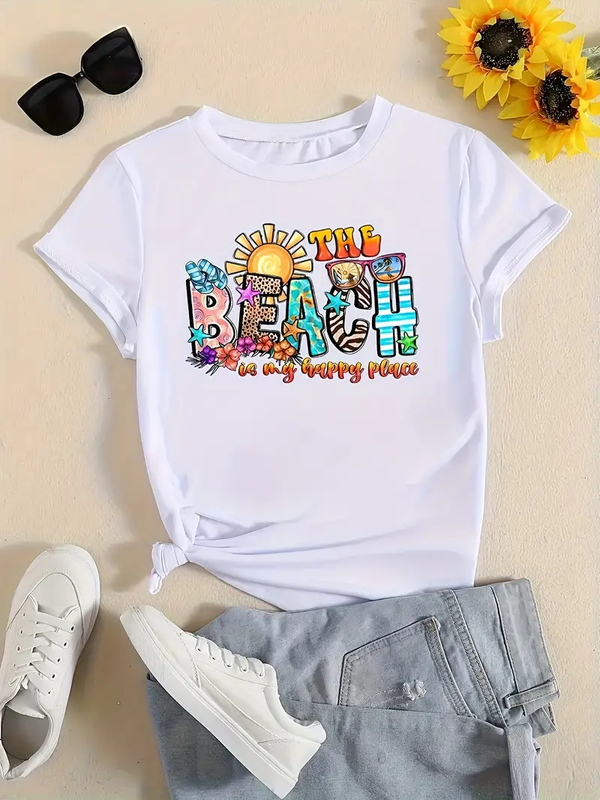 Outdoor outing women's T-shirt Summer fashion short-sleeved T-shirt top printed O collar casual T-shirt women's clothing