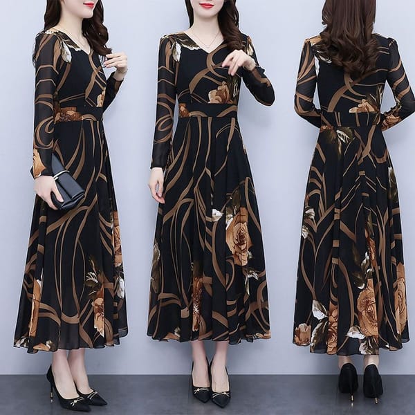 Spring Women's New Fashion V-neck Long Sleeve Temperament Dress Autumn Print Elegant Comfortable Casual Long Fashion Dress