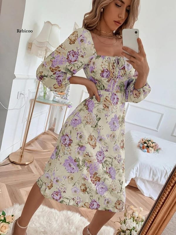 Women's Sexy Dress Hot Sale Spring And Autumn Women's Square Neck Lace Floral Long Sleeve Dress 2021 Fall New