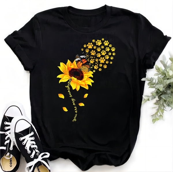 2024 Women's Casual Cute Cross border Sunflower Butterfly Pattern Printed T-shirt Comfortable Casual Women's Black Top