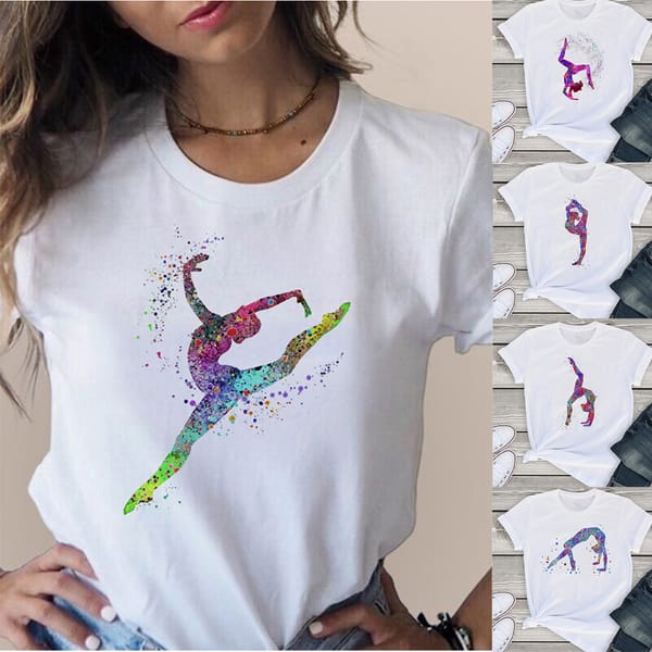 Gymnast Dancer T-Shirt  Women's Short Sleeve Watercolor Rhythmic Gymnastics Print Tshirt for  Oversized T Shirt  Tops