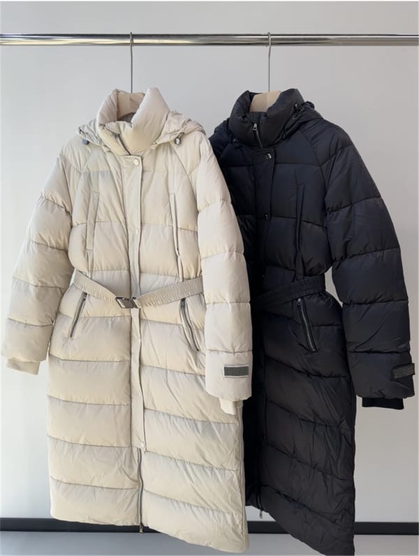 Women's Winter Goose Down Jacket B*C New Long Over The Knee Hooded Belt Waist Temperament Warm Down Coat Clothing