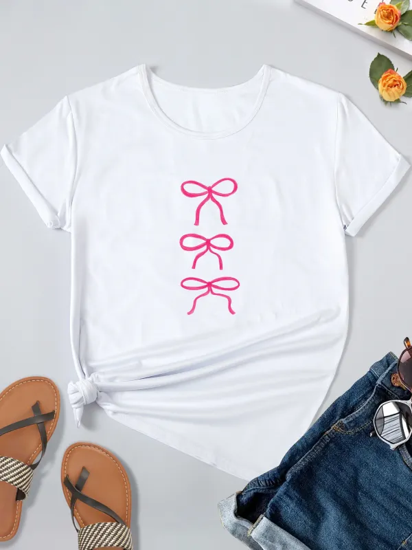 Short Sleeves Pure Cotton T Shirt Streewear 2024 New Bow Print Tee Casual Crew Neck Short Sleeve Top Summer, Women's Clothing