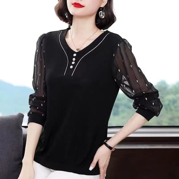Casual Commuting Versatile Temperament Women's Top Summer New Splice Buttons V-neck Long Sleeved Hollowed Out Pullover Shirt