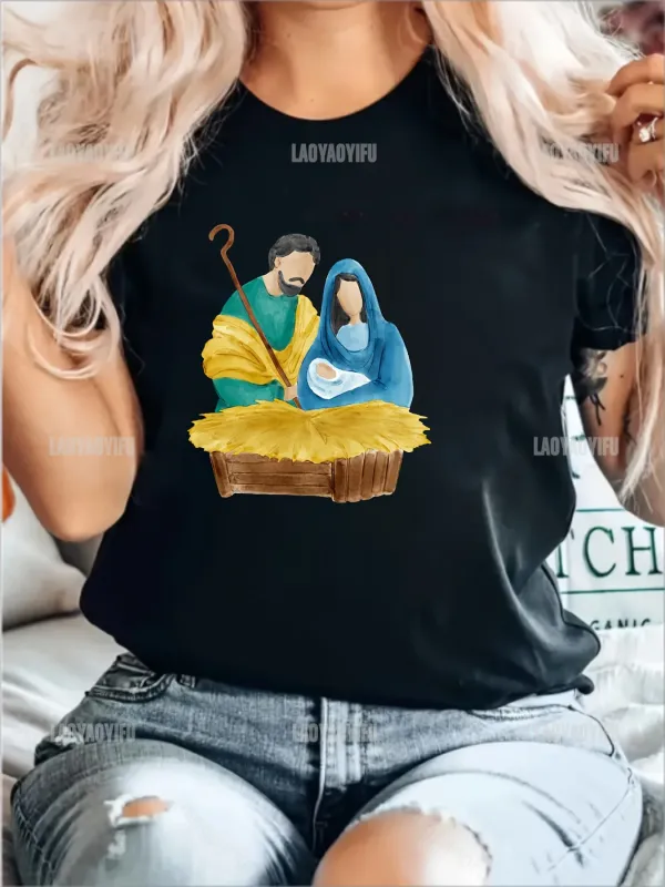 Virgin Mary Jesus Graphic Print T-Shirt Crew Neck Short Sleeve T-Shirt Casual Sport Tops Women's High Quality Cotton Clothing