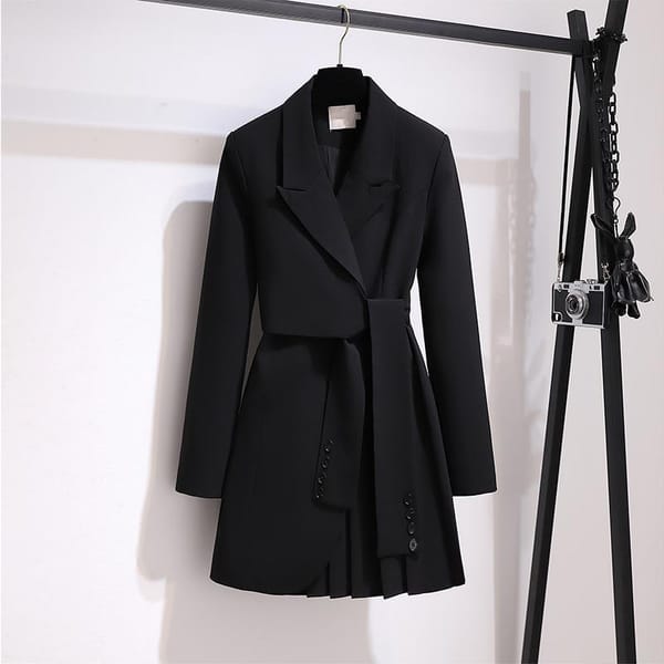 Women's Autumn Winter New Fashion Solid Color Polo Collar Button Tie Style Versatile Long Sleeve Slim Fit Mid Length Suit Dress