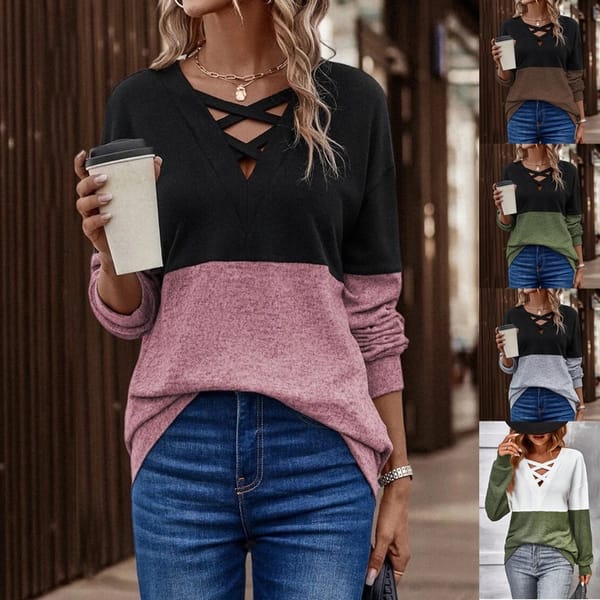 2023 Autumn/Winter New V-neck Long Sleeve Cross Contrast Panel Drop Shoulder Sleeve Casual Slim Fashion Popularity Women's Top
