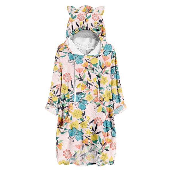 Women's Hoodie Loose Fashion Half Sleeve Butterfly Floral Printing Casual Fashion Women Cat Ears Sweatshirt Hoodies