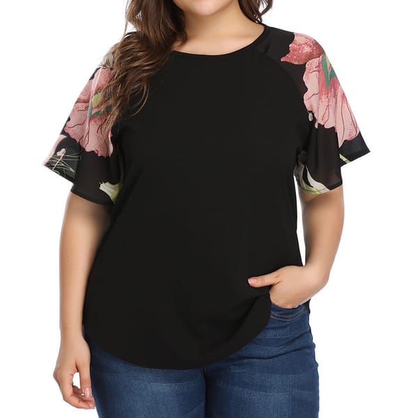 Large Size Summer Short Sleeve Women T-Shirt Floral Print Women's Round Neck Short Sleeve Contrast Color Printing Splicing Tops