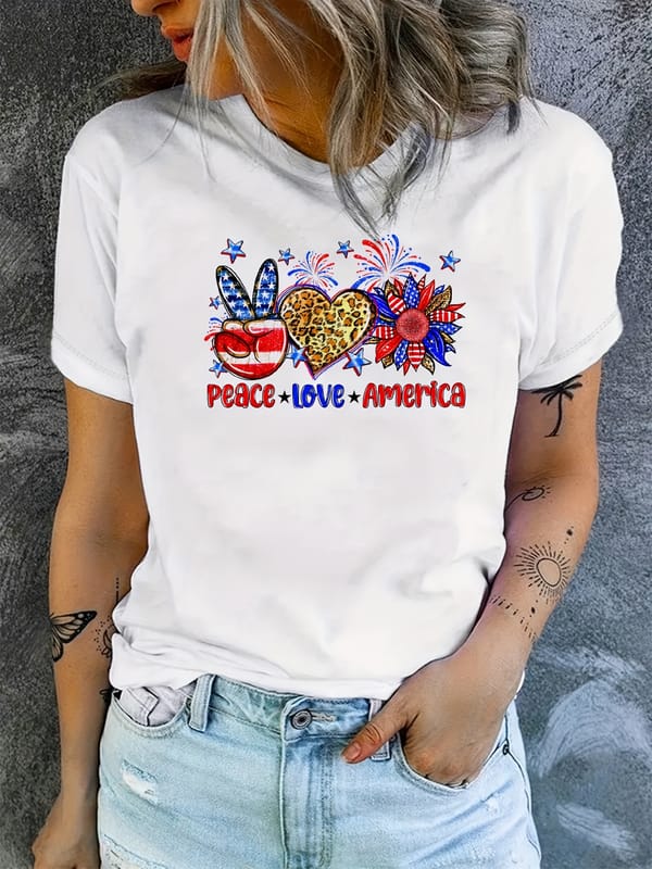 Heart & Floral Print Crew Neck T-shirt, Short Sleeve Casual Top For Summer & Spring, Women's Clothing